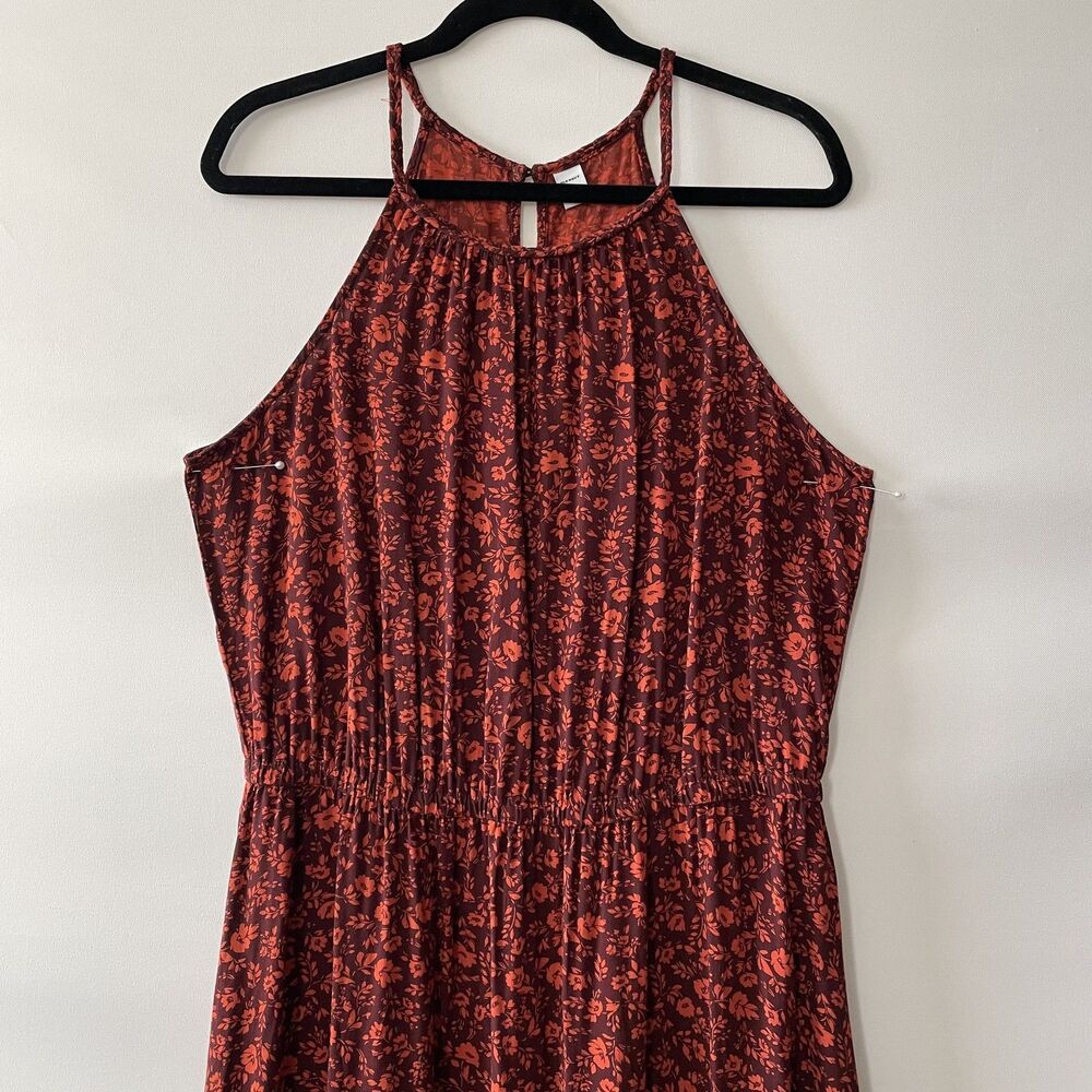 Old Navy Red Ditsy Floral Elastic Waist Tiered Hem Halter Maxi Dress Size L - Picture 3 of 12